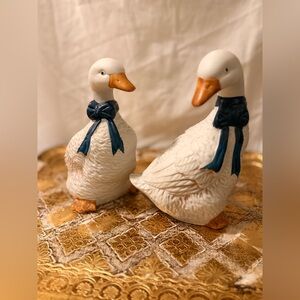 Charming White Geese Figurines with Blue Bows